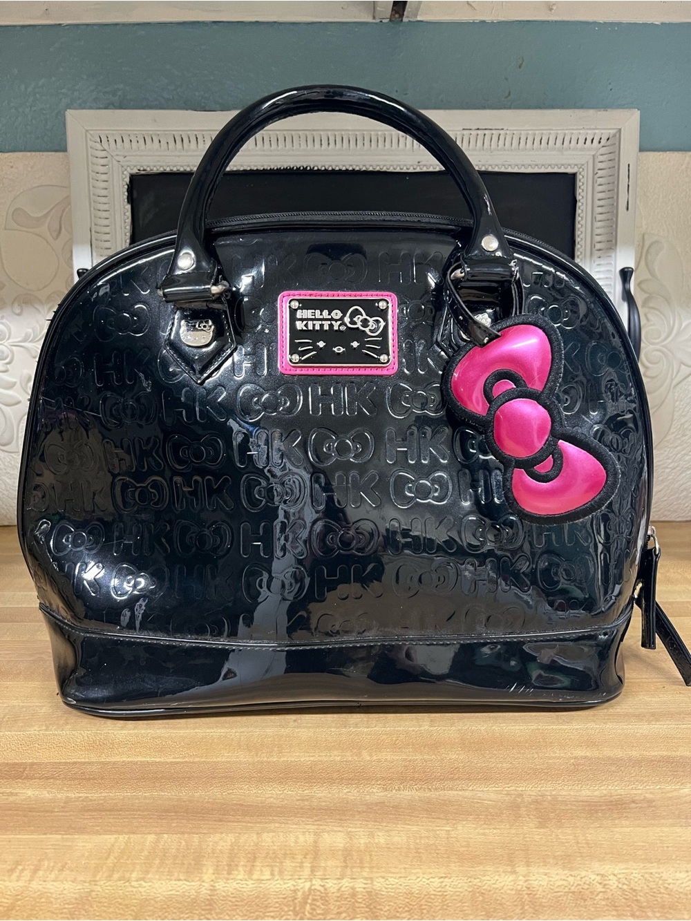 Loungefly X Hello Kitty Vintage Black Patent Satchel with Pink Bow Accent